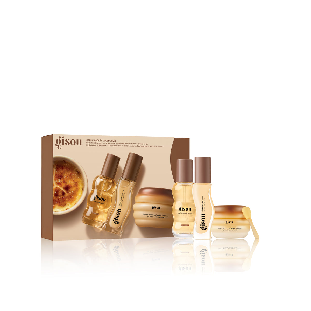 Gisou Crème Brûlée Trio Set box with lip oil, hair perfume and lip mask