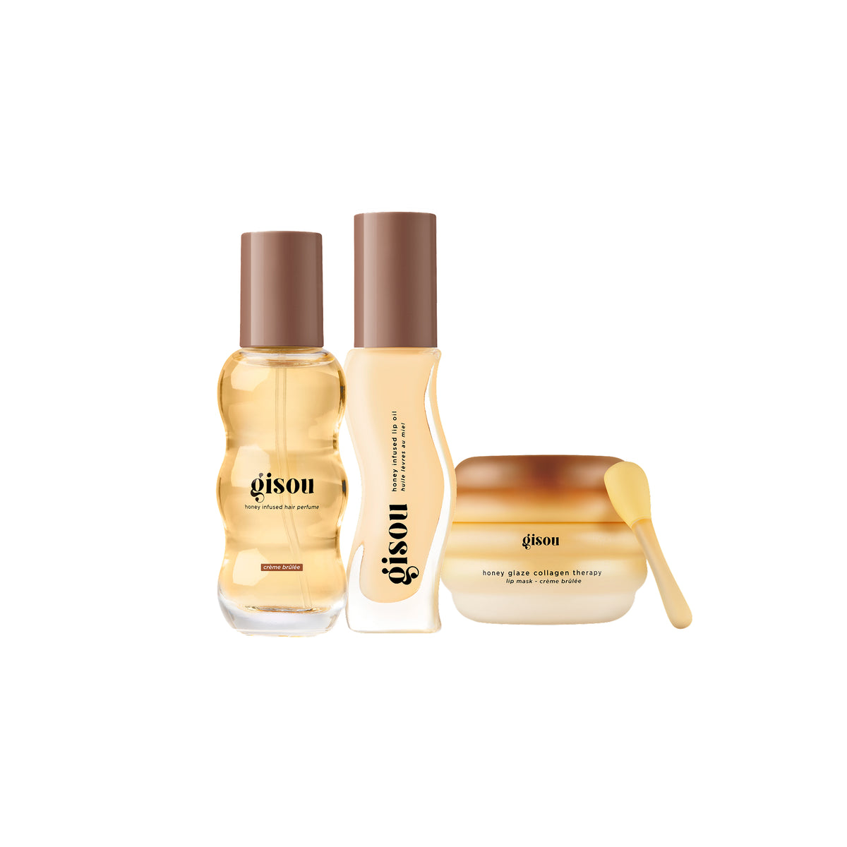Gisou Crème Brûlée hair perfume, lip oil and lip mask