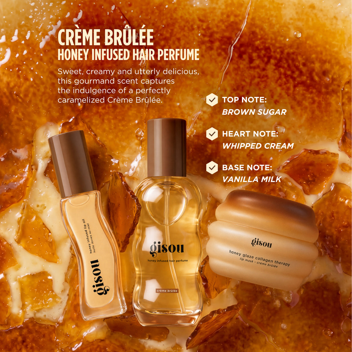 Gisou Crème Brûlée hair perfume, lip oil and lip mask with scent notes
