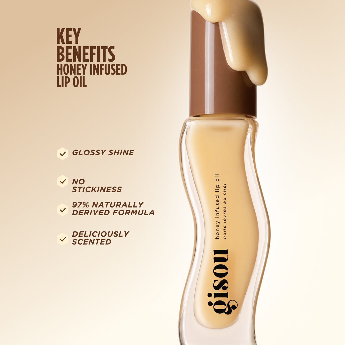 Gisou Crème Brûlée Honey Infused Lip Oil with key benefits
