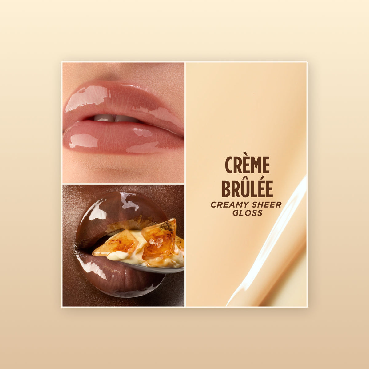 Collage of glossy lips and the Gisou Crème Brûlée lip mask