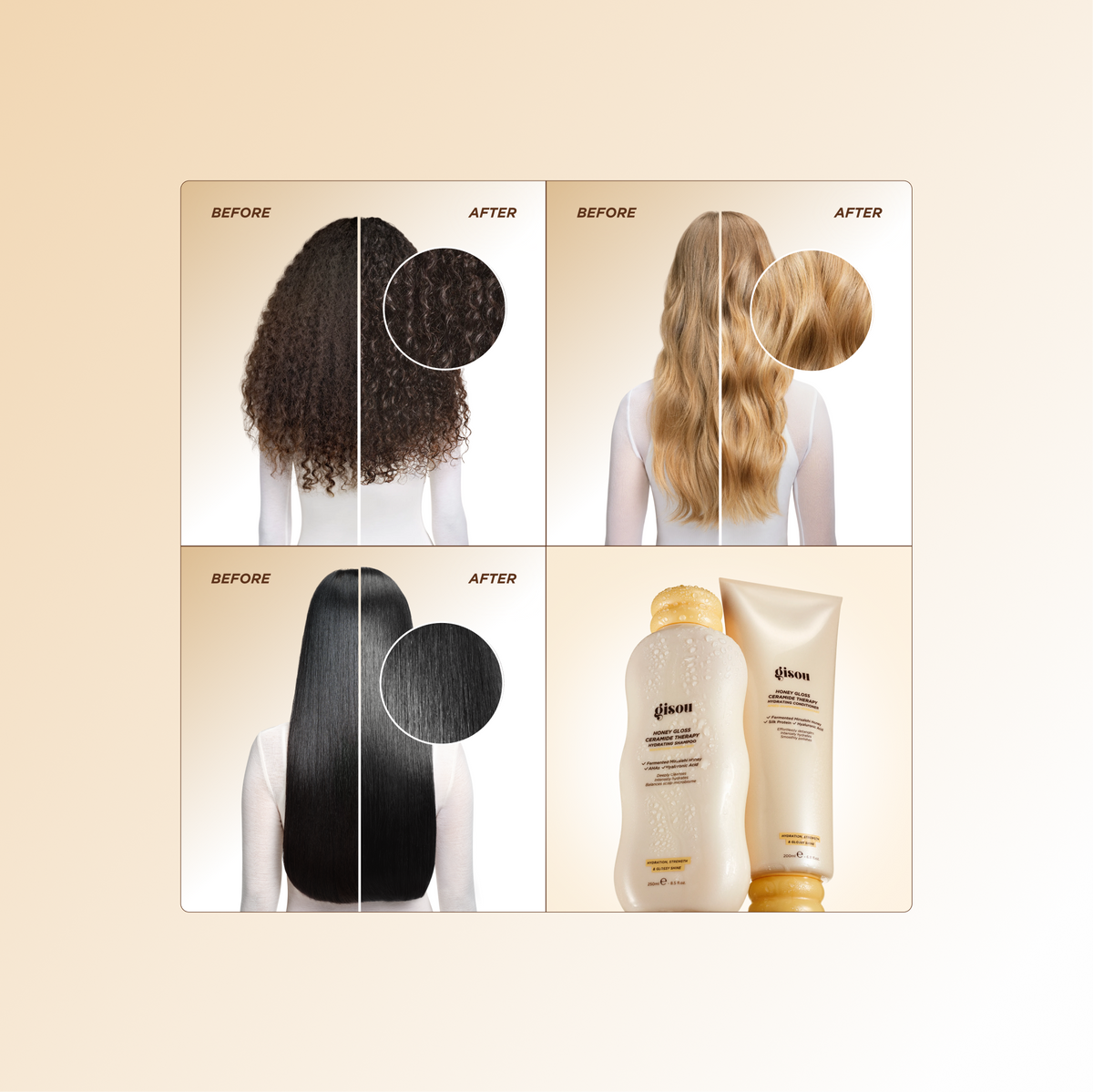 Before/after photos of curly, wavy blonde, and straight hair, plus a shot of the Gisou Honey Gloss Ceramide Therapy Hydrating Shampoo and Conditioner bottles.