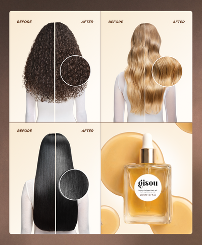 Before/after photos of curly, wavy blonde, and straight hair looking shinier after using Gisou Honey Infused Hair Oil, plus a shot of the bottle.