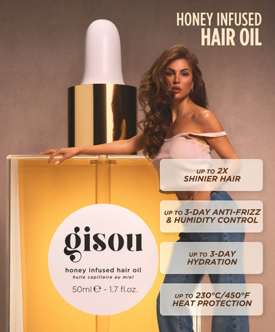 Gisou Honey Infused Hair Oil benefits infographic: 2x shinier hair, 3-day anti-frizz, 3-day hydration, heat protection with a model posing.