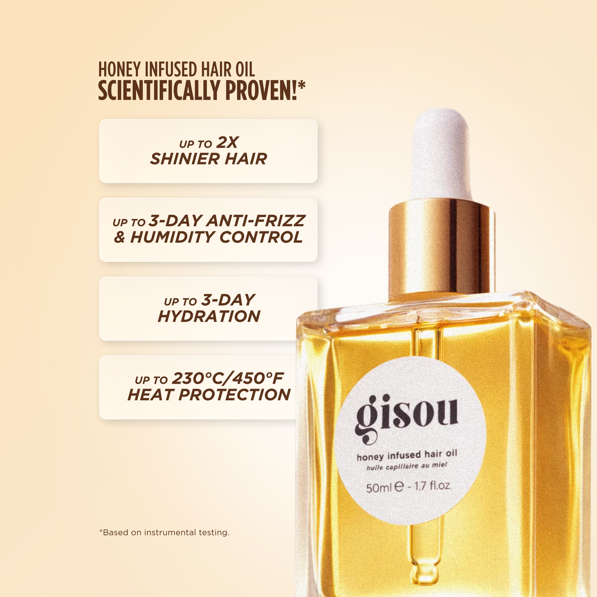 Gisou Honey Infused Hair Oil benefits infographic: 2x shinier hair, 3-day anti-frizz, 3-day hydration, heat protection.