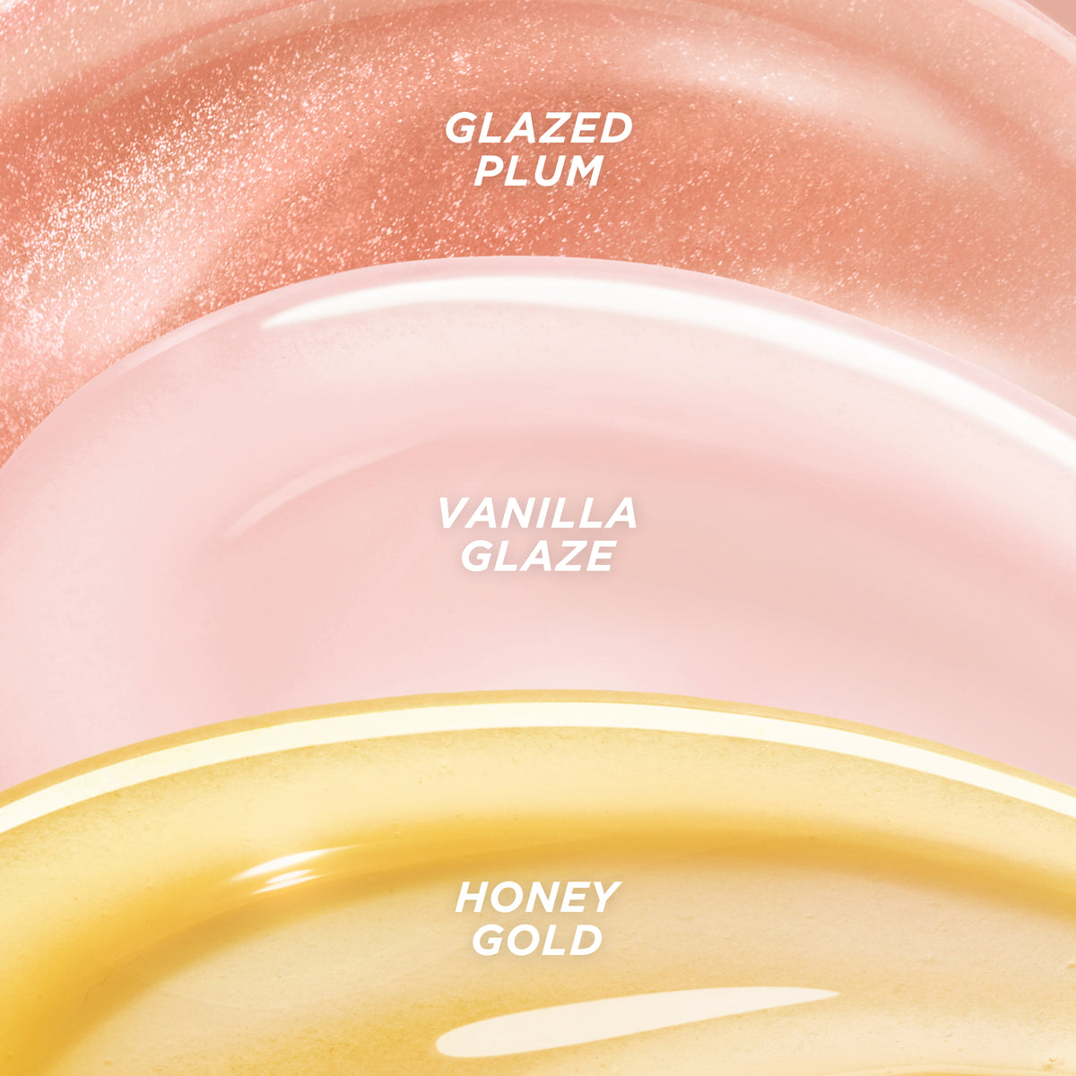 Three glossy textures: a warm peach-pink with tiny shimmer particles, a creamy pale pink, and a translucent golden yellow.