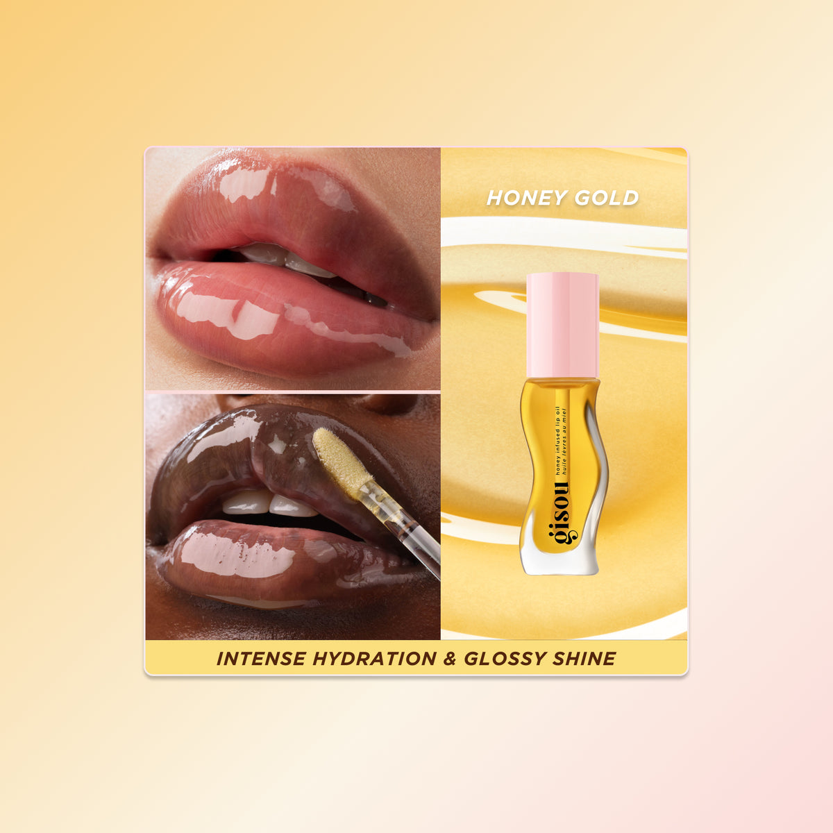 Honey Gold Lip Oil, a clear golden gloss on lips, adding a warm and reflective glass-like finish.