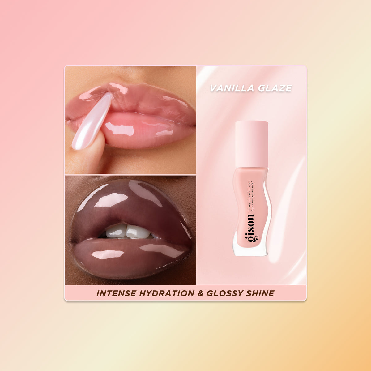 Vanilla Glaze Lip Oil, a soft pink gloss on lips, close to a natural lip tone but slightly lighter and smoother, with a wet shine effect.