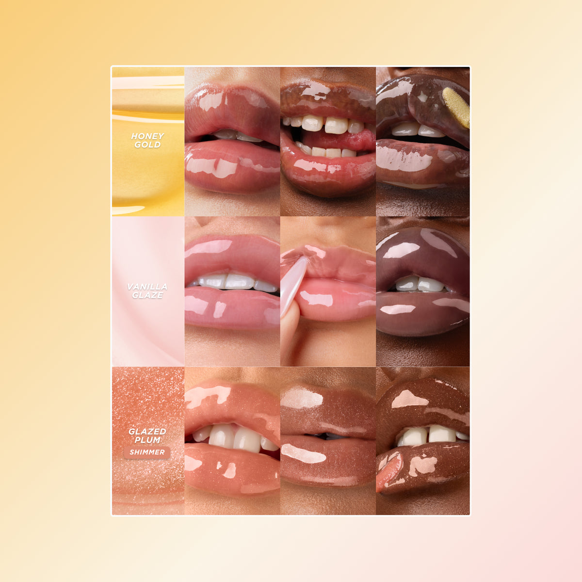 Grid of lips in different skin tones wearing glosses in three shades: clear honey-gold (warm-toned shine), soft pink (natural blush tone), and peach-pink shimmer (warmer, slightly deeper pink with sparkle).
