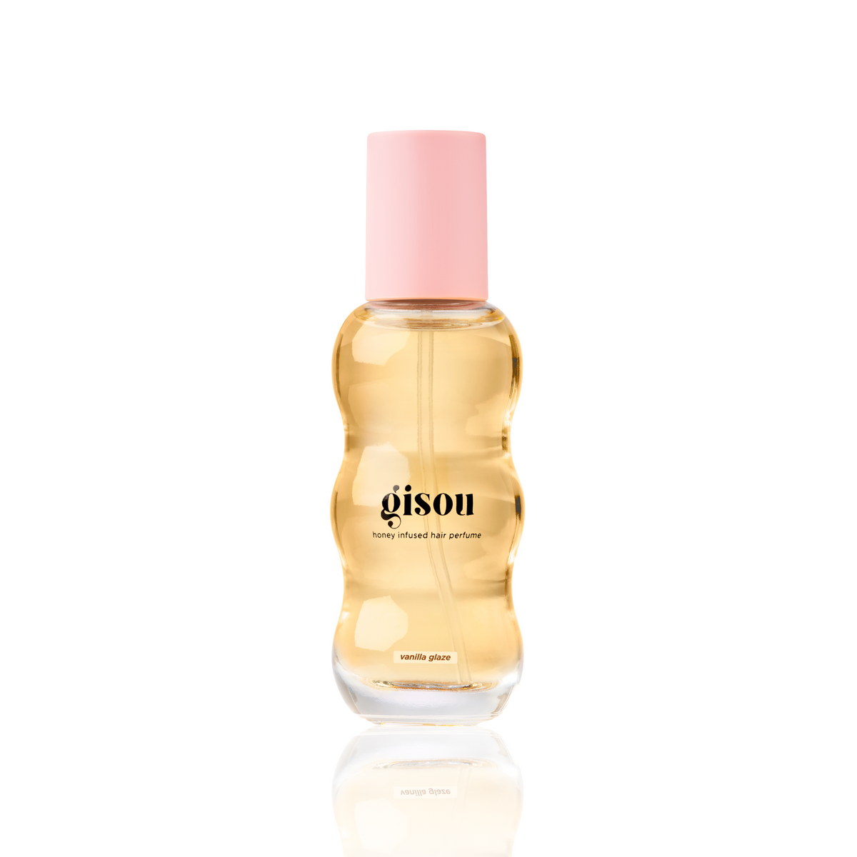 Gisou Honey Infused Hair Perfume in Vanilla Glaze 15ml on white background with pink cap.