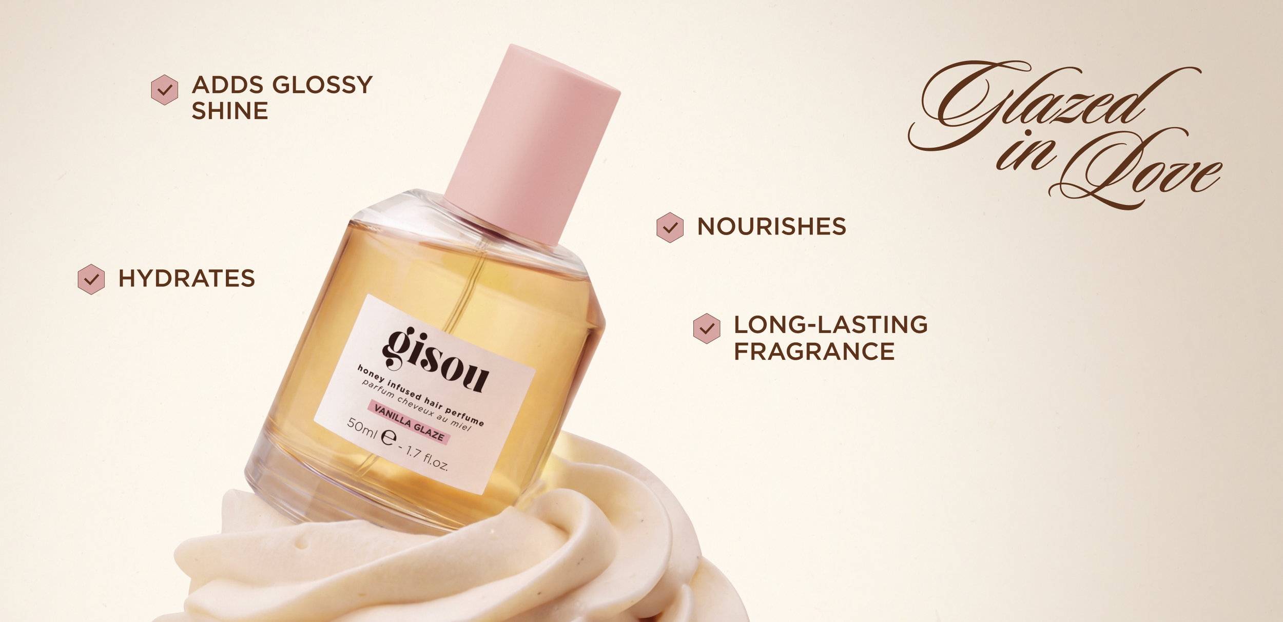Gisou Honey Infused Hair Perfume Vanilla Glaze with glossy shine and whipped cream