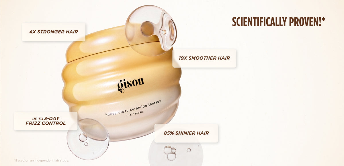 Gisou Honey Gloss Ceramide Therapy Hair Mask jar, listing lab-tested results: 4x stronger, 19x smoother, 85% shinier hair, and up to 3-day frizz control