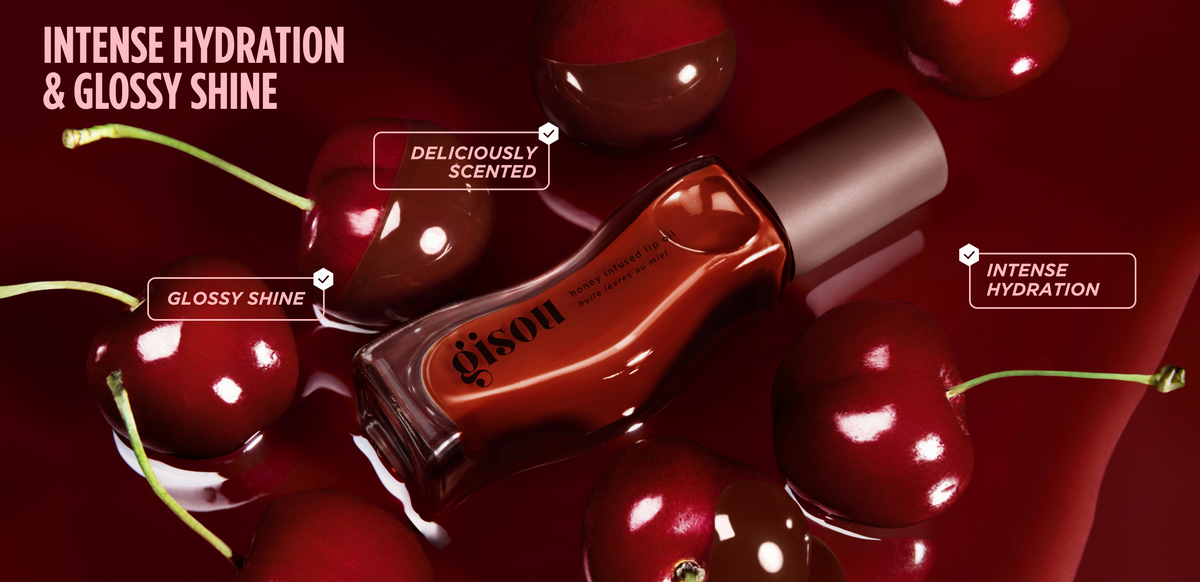 New Gisou Lip Oil in Cherry Chocolate dipped in cherries with chocolate.