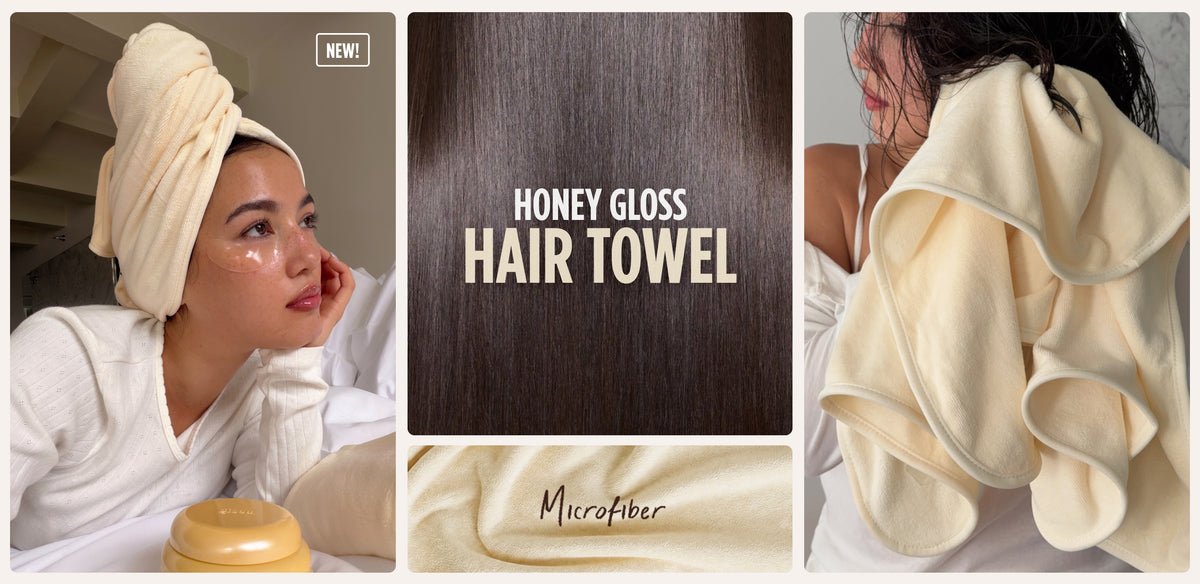 Three-photo banner for the Gisou Honey Gloss Microfiber Hair Towel: a model wearing it as a turban with under-eye patches, a 