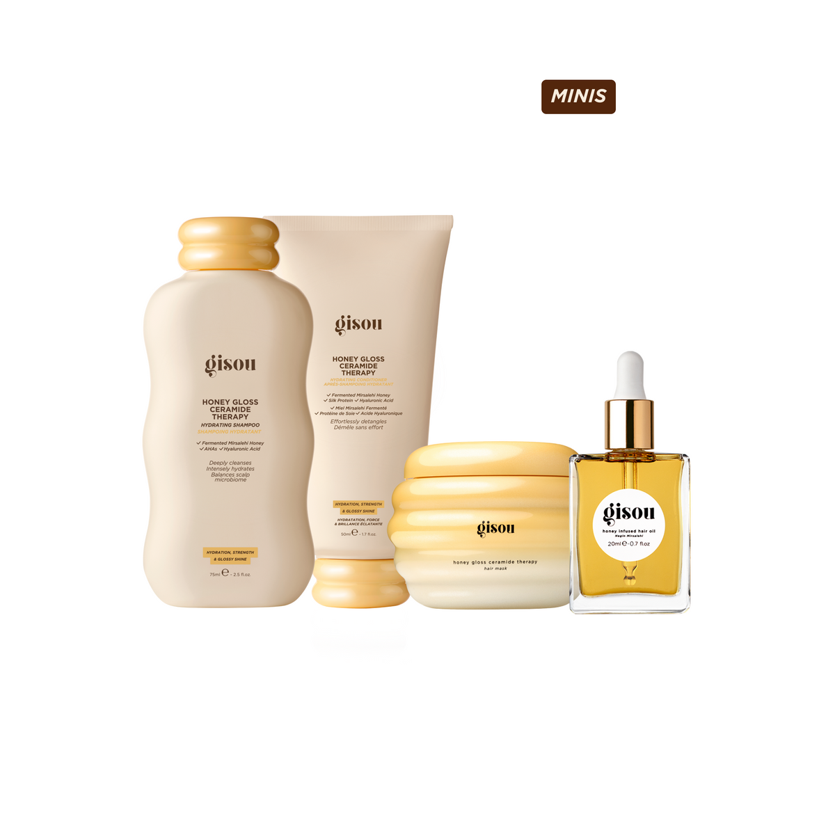 Gisou Honey Gloss Ceramide Therapy mini routine including shampoo 75ml, hair mask 75ml, conditioner 50ml and hair oil 20ml on a white background.