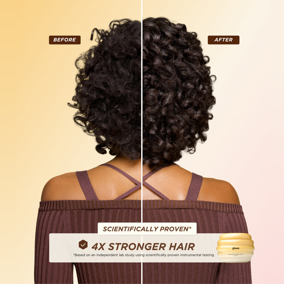 Before-and-after image of curly hair showing improved definition and strength with “4x stronger hair” claim after using Gisou Hair Mask, with product jar shown.