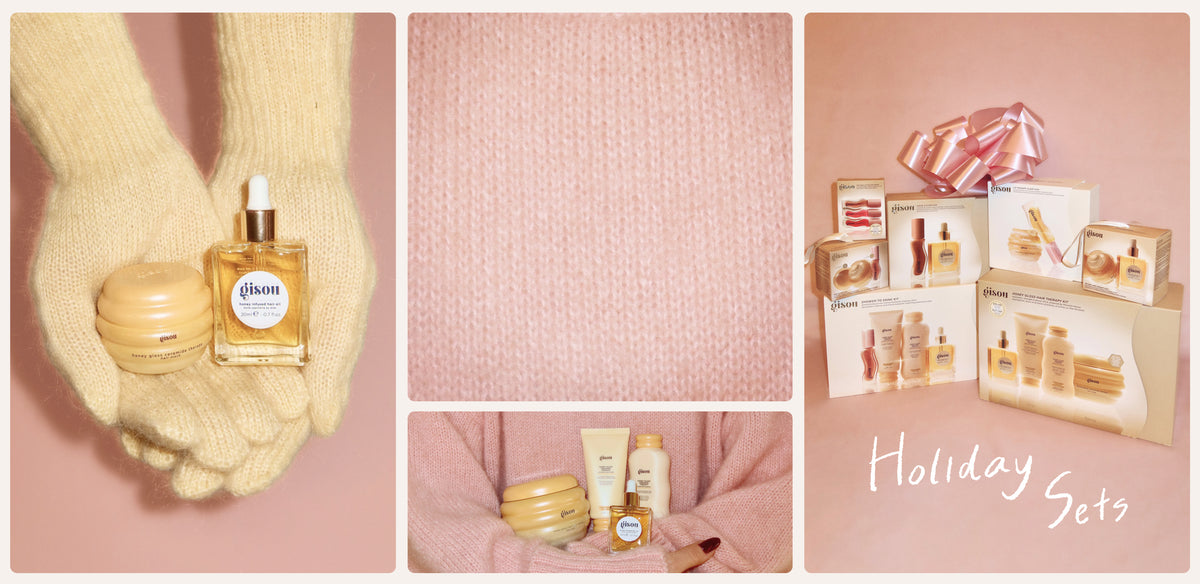 Gisou Holiday Sets: gloved hands holding honey products and gift boxes on pink knit