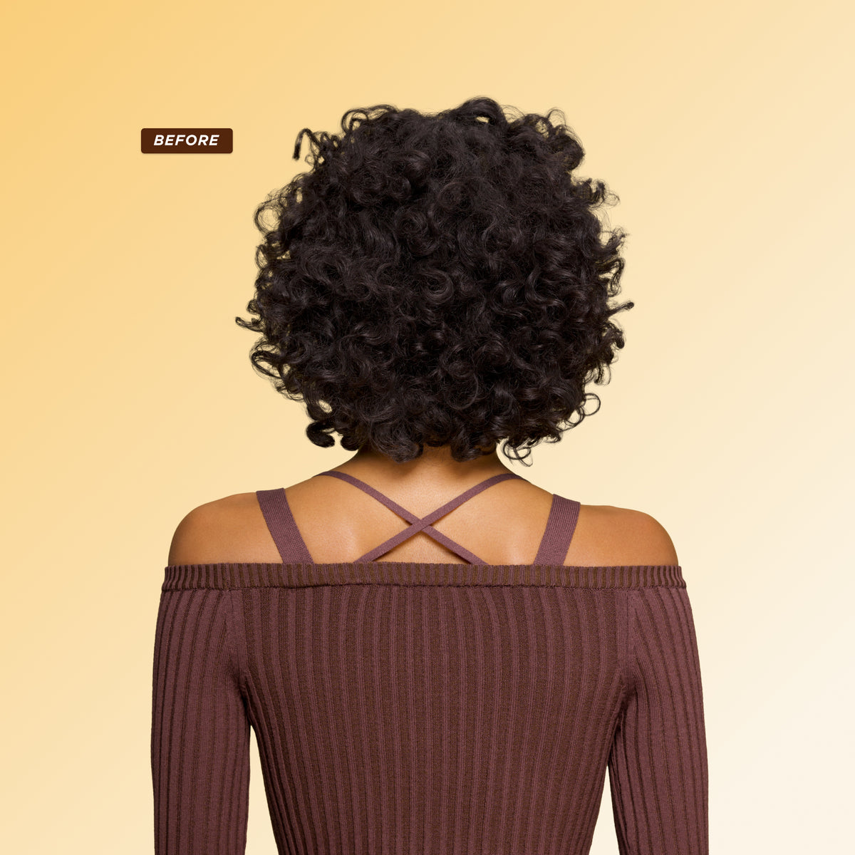 Before: Curly dark hair with frizz and uneven curl pattern before using Gisou Honey Gloss Ceramide Therapy Hair Mask.