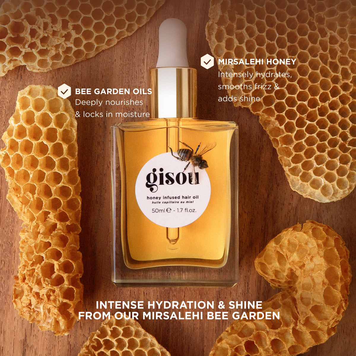 Gisou Hair Oil with honeycomb, highlighting deep nourishment, moisture locking and frizz-smoothing shine from Mirsalehi honey.