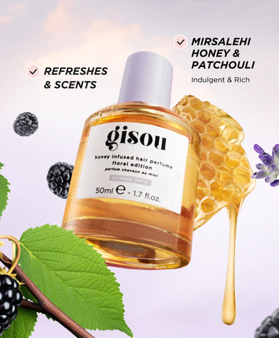 Gisou Honey Infused Hair Perfume surrounded by honeycomb, blackberries, and text highlighting refreshing scent and Mirsalehi Honey with patchouli.