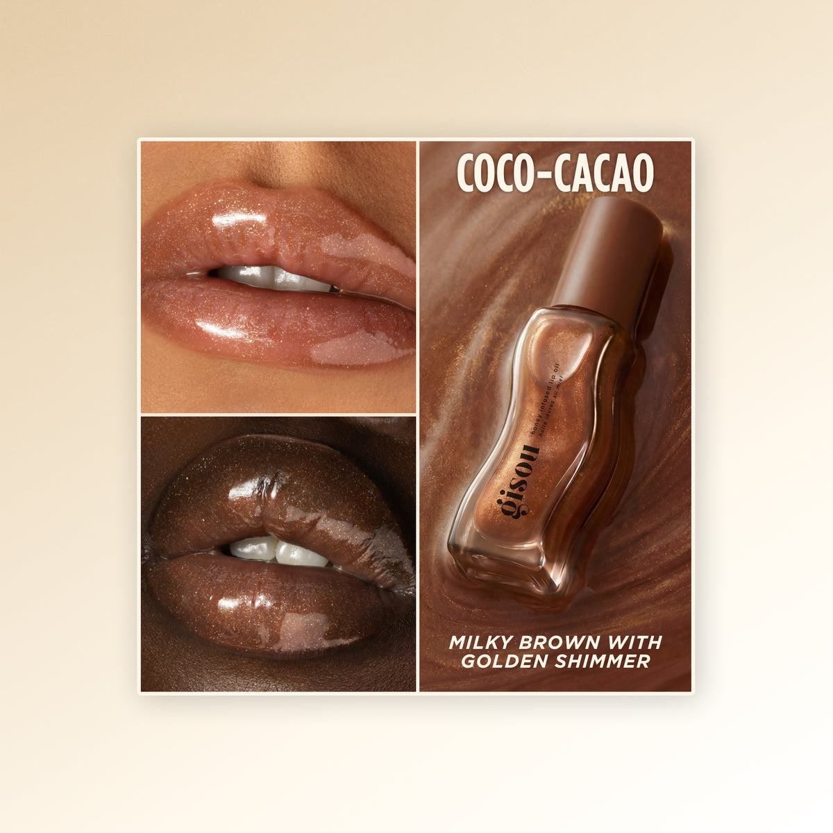 Close-up collage of glossy lips wearing the Coco-Cacao Honey Infused Lip Oil on different skin tones, showing a rich milky brown shade with fine golden shimmer. Beside the lip swatches is the Coco-Cacao lip oil bottle against a swirling chocolate-brown background.