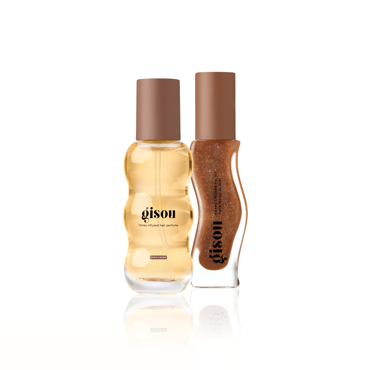 Gisou Honey Infused Hair Perfume and Honey Infused Lip Oil in the limited-edition Coco-Cacao scent displayed side by side on a clean white background. 
