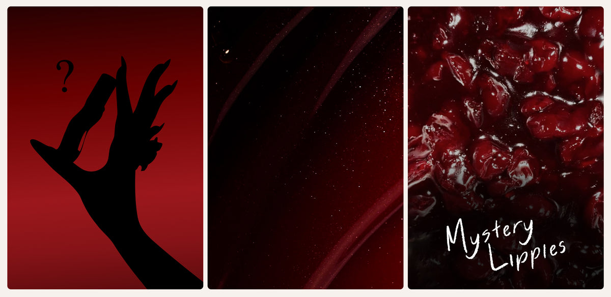 Mystery Lippies banner with a silhouetted hand, a question mark and glossy dark cherries on red