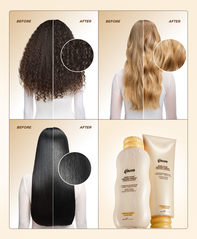 Before/after photos of curly, wavy blonde, and straight hair, plus a shot of the Gisou Honey Gloss Ceramide Therapy Hydrating Shampoo and Conditioner bottles.