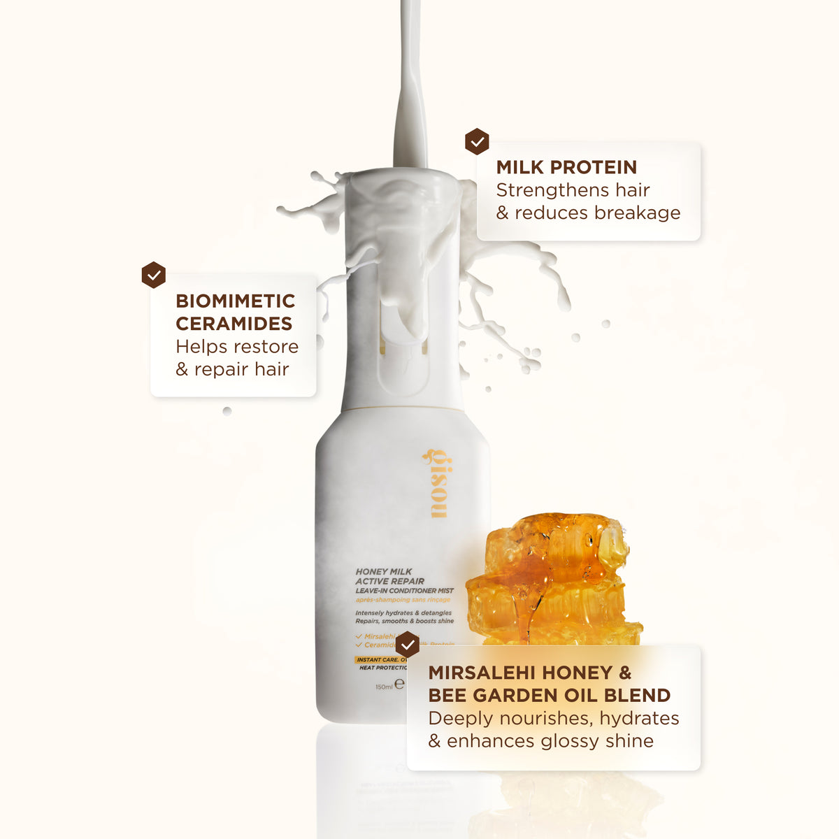 Gisou Honey Milk Active Repair Leave-In Conditioner Mist bottle with milk protein, ceramide, and honey ingredient callouts.