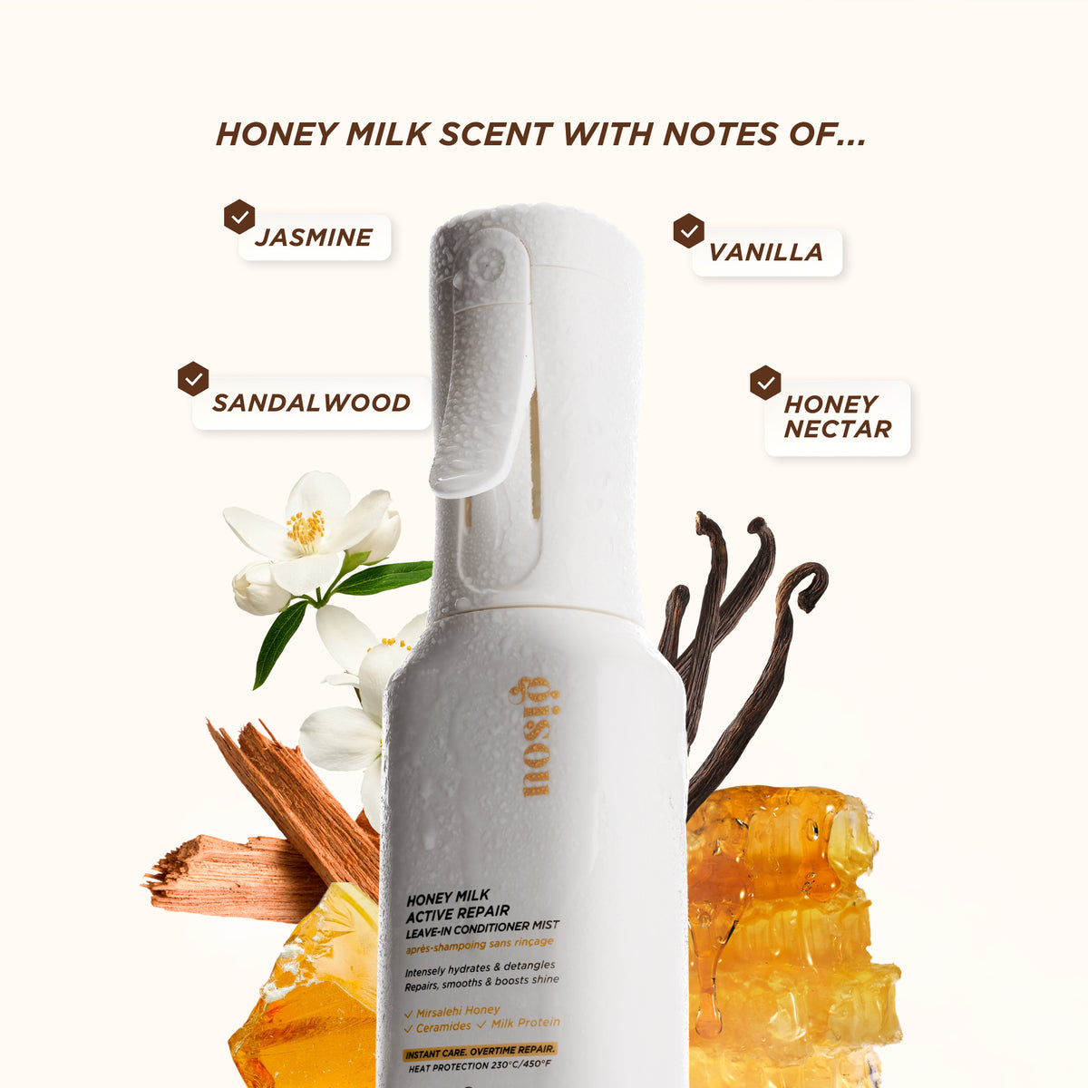 Gisou Honey Milk Active Repair Leave-In Conditioner Mist bottle with jasmine, sandalwood, vanilla, and honey nectar scent notes.