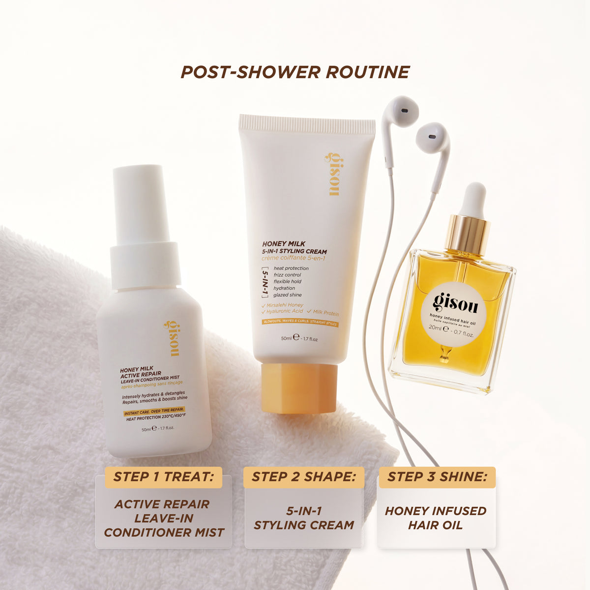 Gisou Honey Milk Active Repair Leave-In Conditioner Mist, 5-in-1 Styling Cream, and Honey Infused Hair Oil, labeled as a 3-step post-shower routine.