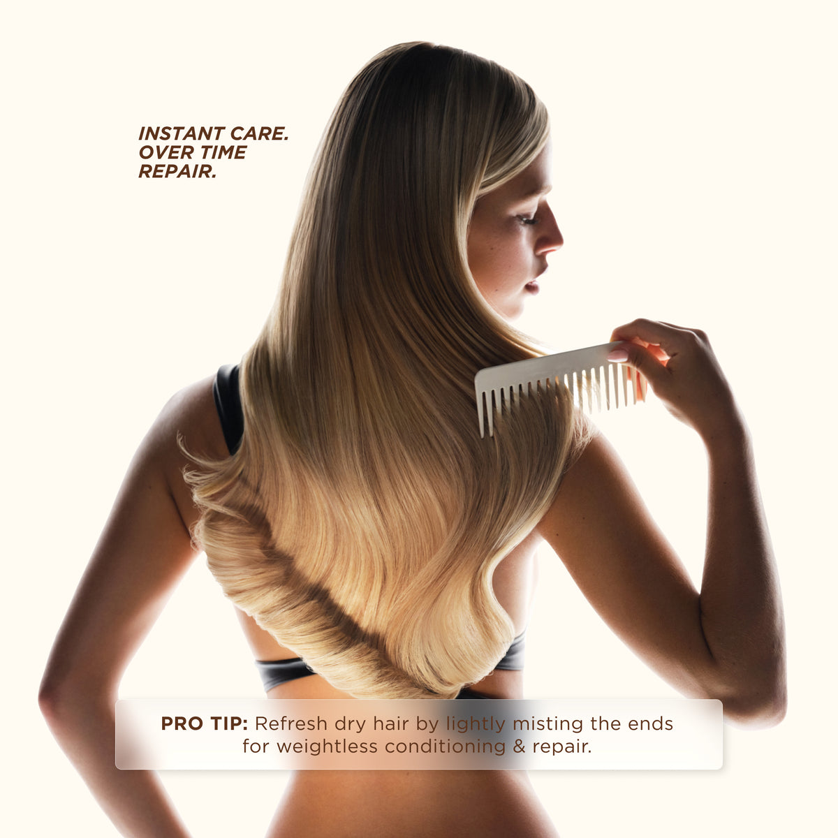 Model combing long sleek blonde hair, promoting Gisou Honey Milk Active Repair Leave-In Conditioner Mist for weightless conditioning.