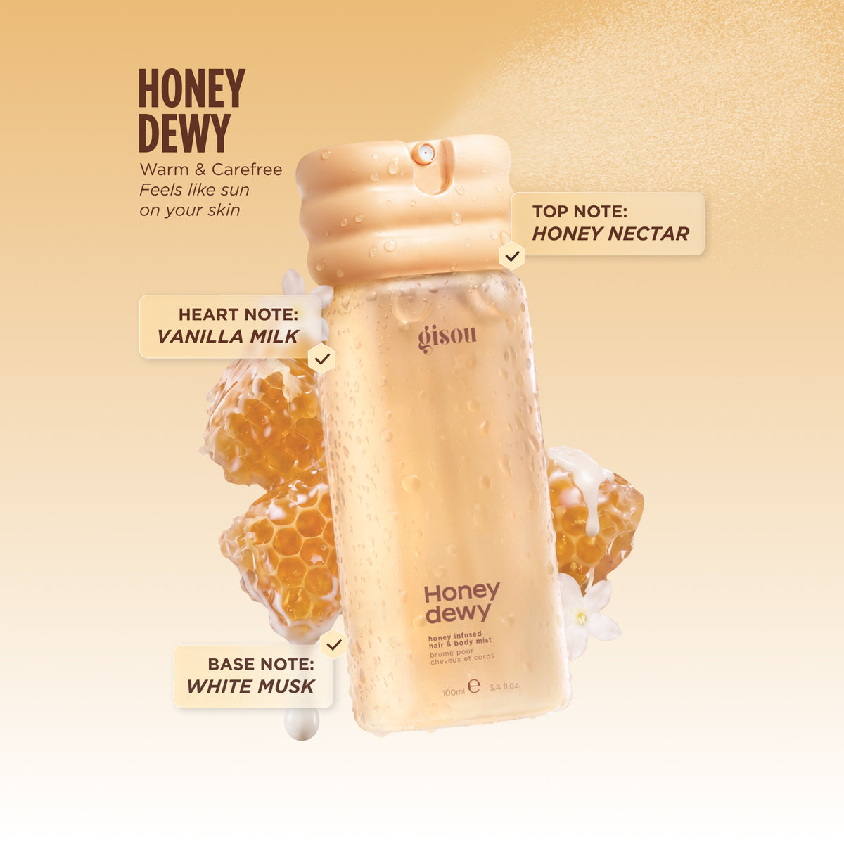 Honey Infused Hair & Body Mist bottle with a fine-mist sprayer, designed for both hair and body, in Gisou's signature golden honey-toned packaging.