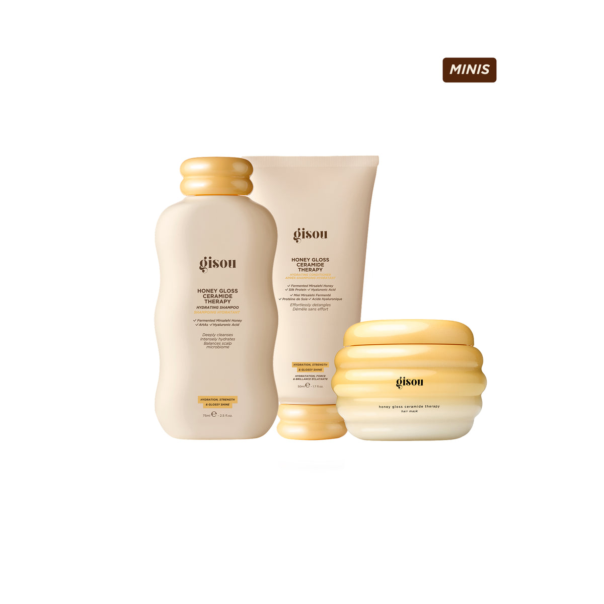 Gisou Honey Gloss Ceramide Therapy shampoo 75ml, conditioner 50ml, and hair mask 75ml bundle.