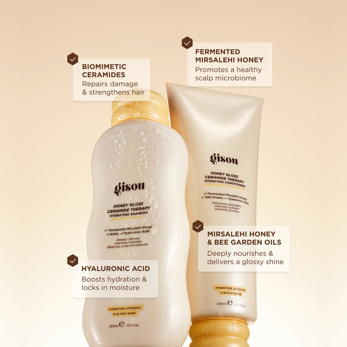 Gisou Honey Gloss Ceramide Therapy Hydrating Conditioner with silk protein, ceramides, hyaluronic acid, and fermented Mirsalehi honey benefits.