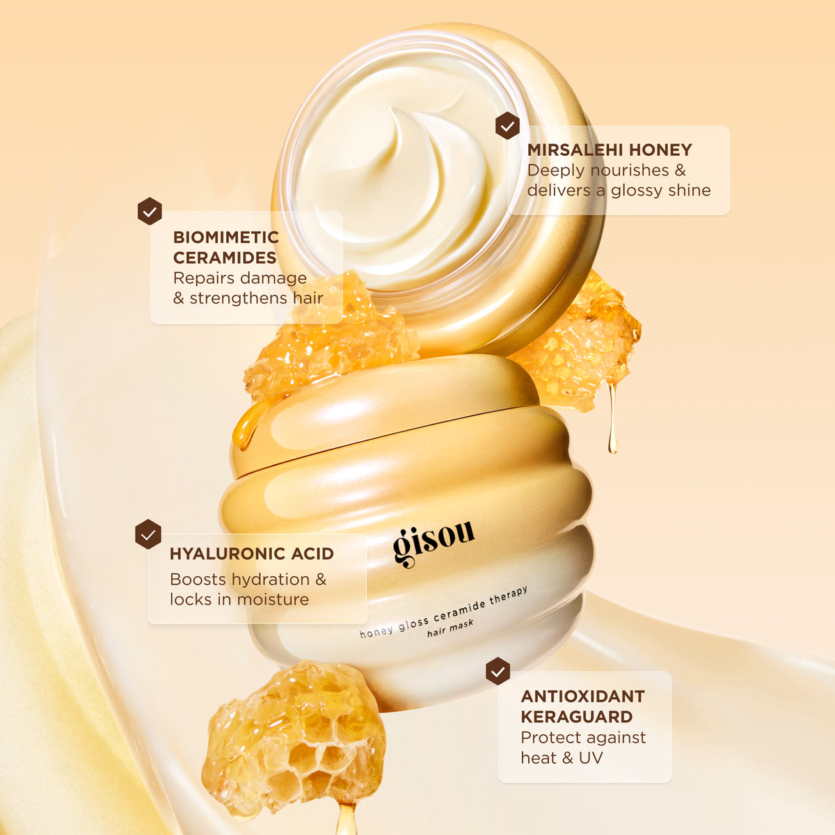 Gisou Honey Gloss Ceramide Therapy Hair Mask open jar with cream texture and honey elements, with on-image text highlighting ceramides, hyaluronic acid and honey.