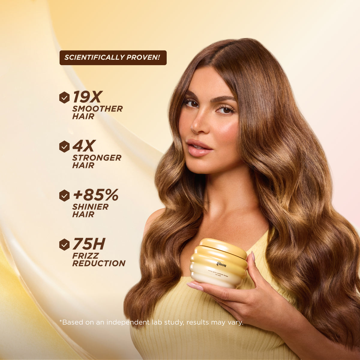 Negin Mirsalehi holding Gisou Honey Gloss Ceramide Therapy Hair Mask, with on-image claims: 19x smoother hair, 4x stronger hair, +85% shinier hair and 75h frizz reduction.