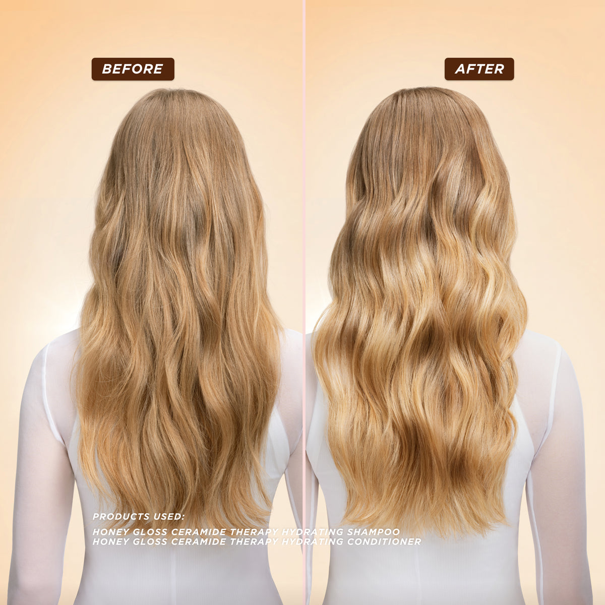 Before and after results of wavy blonde hair using Gisou Honey Gloss Ceramide Therapy Shampoo and Conditioner showing improved definition and shine.