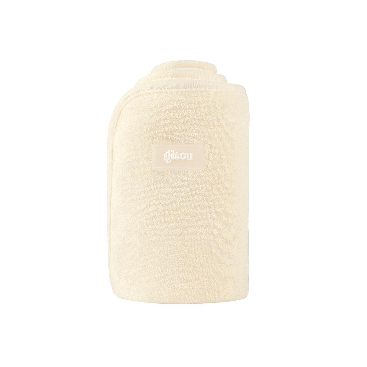 Gisou Honey Gloss Microfiber Hair Towel folded and standing upright on white.