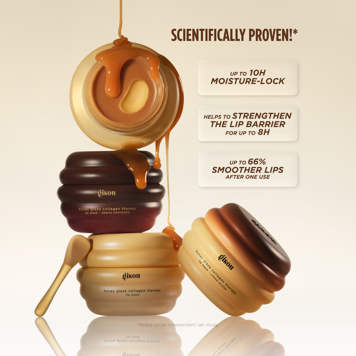 Scientifically proven: 10h moisture-lock, strengthens the lip barrier and smoother lips, with stacked Gisou lip masks