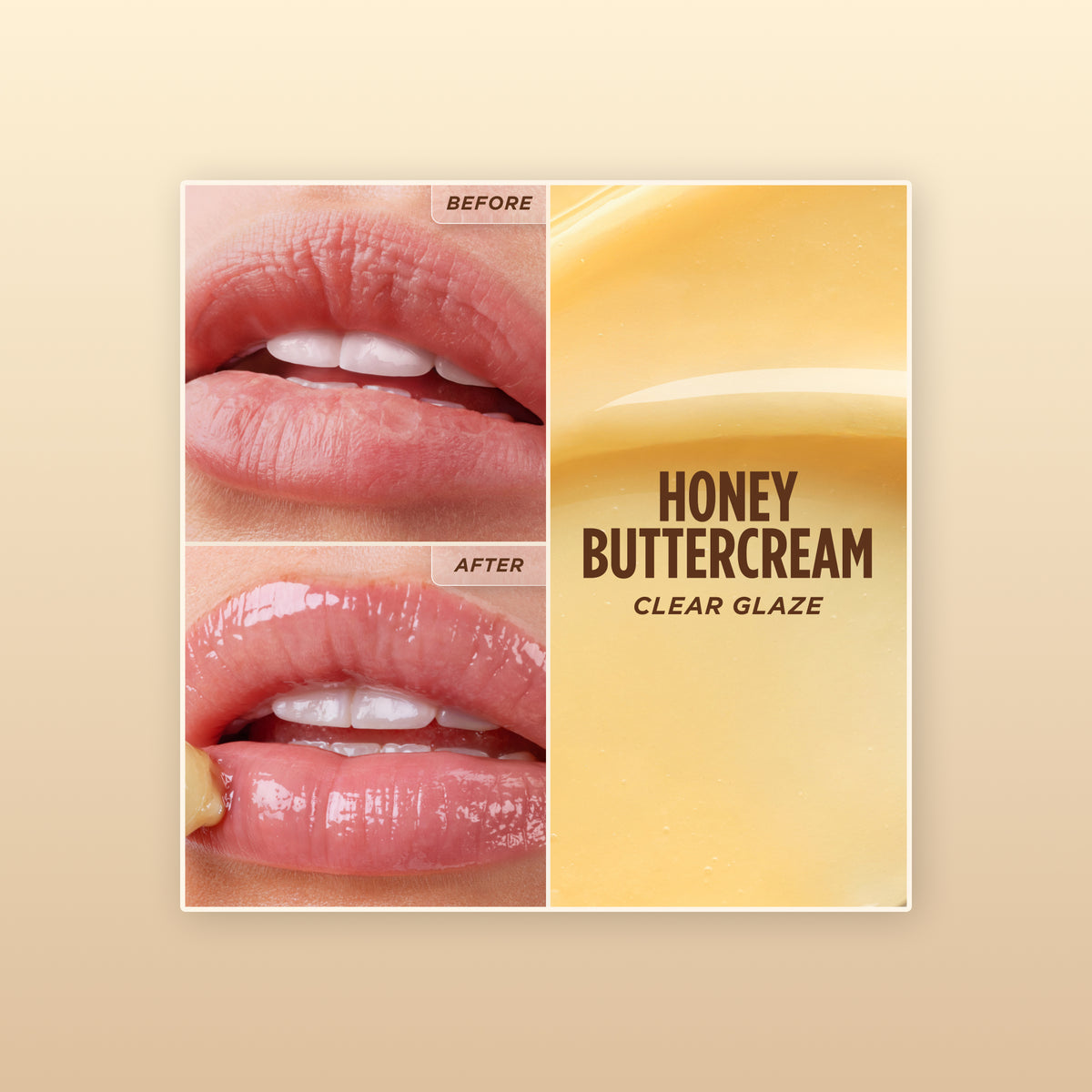Before and after lips with Gisou lip mask in Honey Buttercream: clear glaze