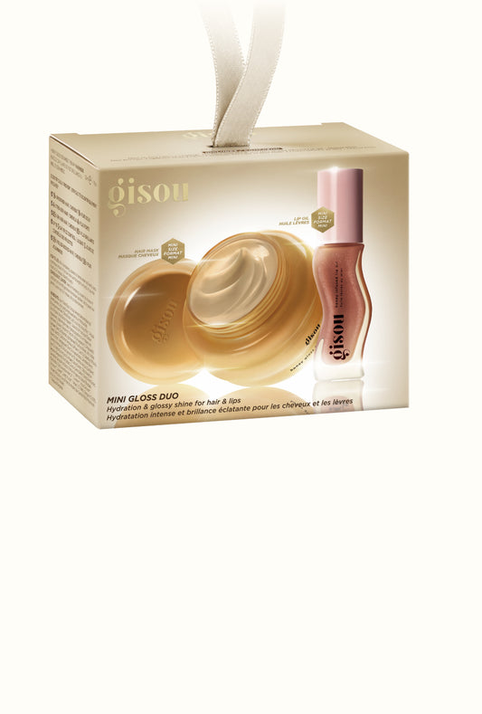 Gisou Mini Gloss Duo holiday gift box with a ribbon loop, showing the mini hair mask and lip oil inside.