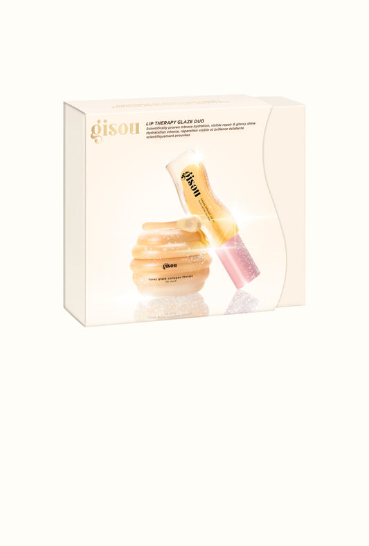 Gisou Lip Therapy Glaze Duo holiday gift box, showing the Honey Glaze Collagen Therapy Lip Mask and Honey Infused Lip Oil in Honey Gold inside.