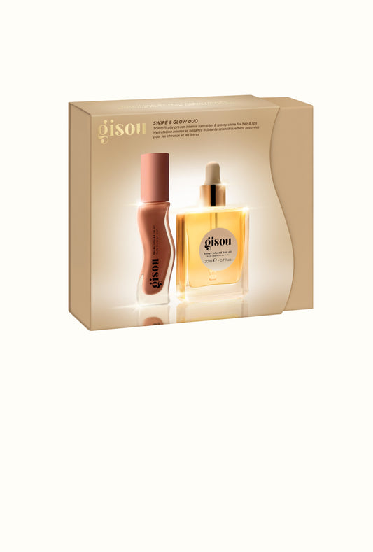 Gisou Swipe & Glow Duo holiday gift box, showing the lip oil and hair oil inside.