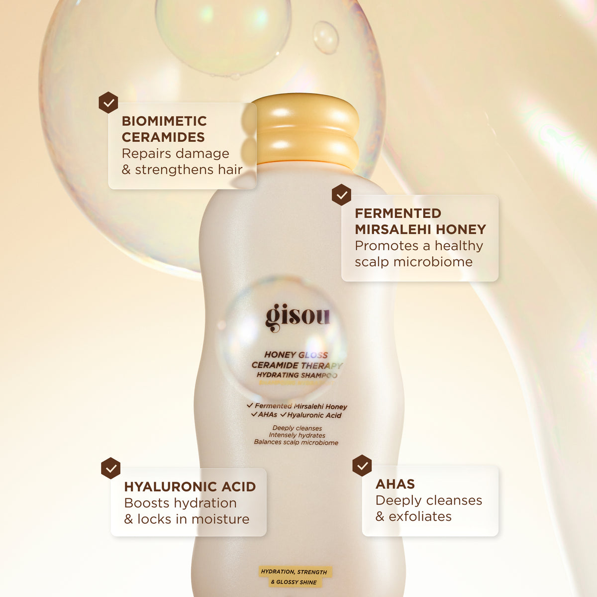 Gisou Honey Gloss Ceramide Therapy Hydrating Shampoo with ingredient callouts including biomimetic ceramides, fermented Mirsalehi honey, hyaluronic acid, and AHAs.