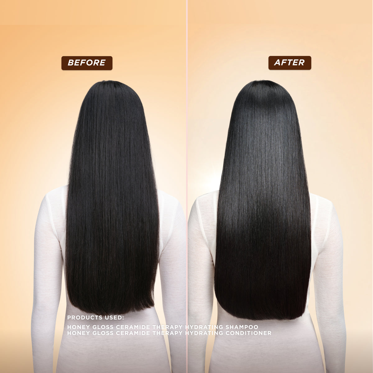 Before and after results of straight hair using Gisou Honey Gloss Ceramide Therapy Shampoo and Conditioner showing smoother and shinier hair.