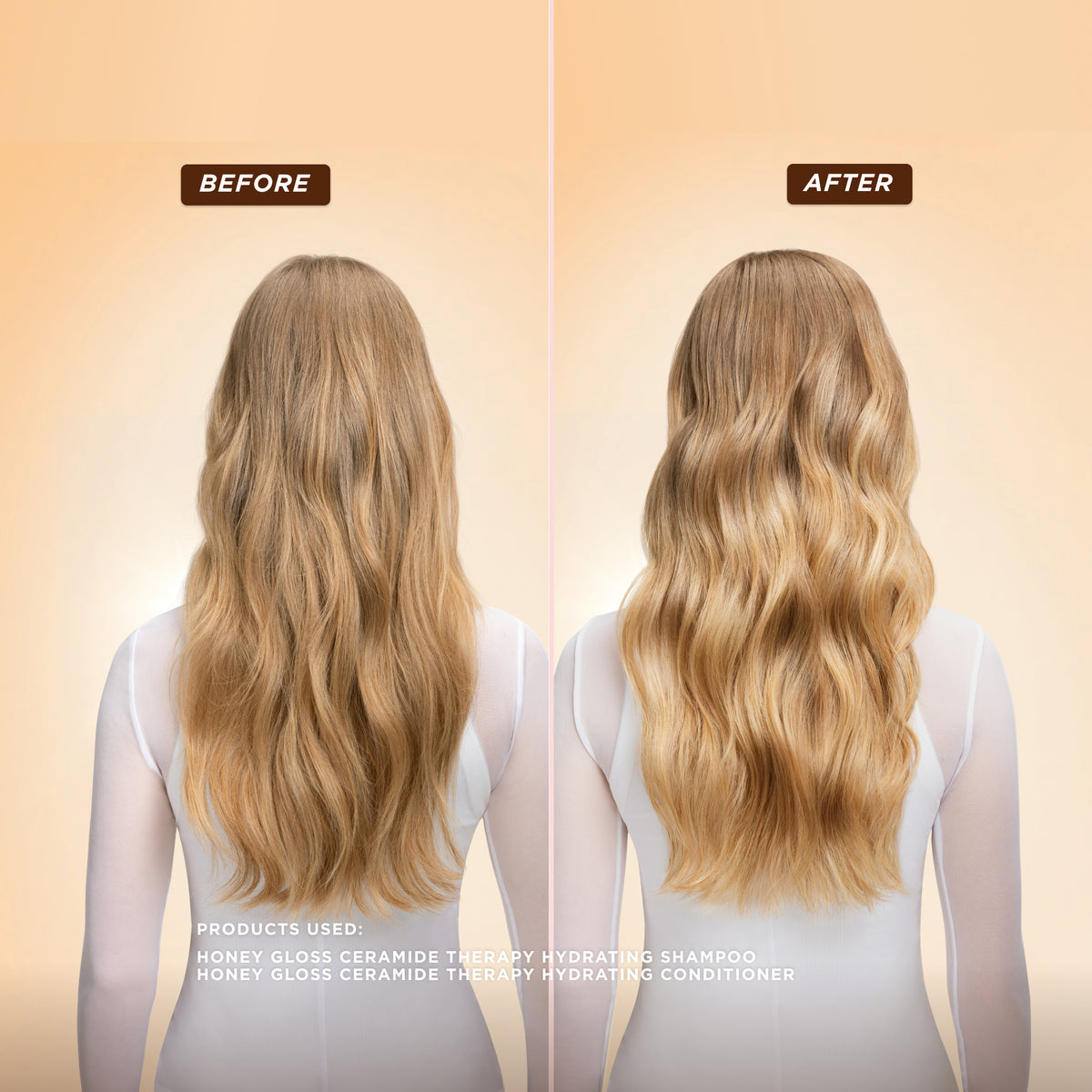 Before and after results of wavy blonde hair using Gisou Honey Gloss Ceramide Therapy Shampoo and Conditioner showing improved definition and shine.