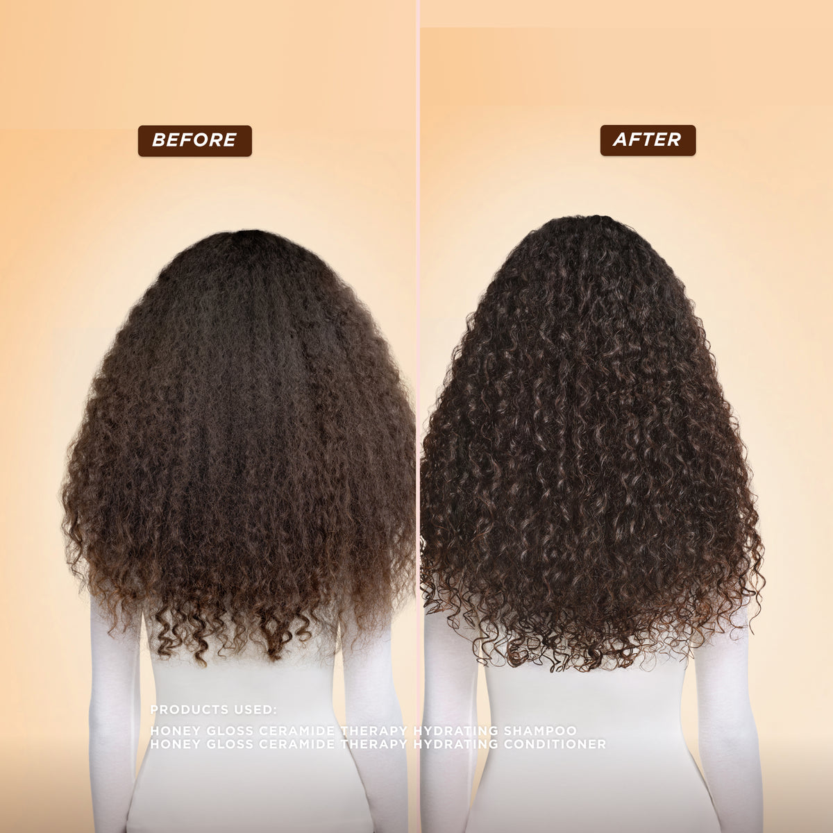 Before and after results of curly hair using Gisou Honey Gloss Ceramide Therapy Shampoo and Conditioner showing enhanced curl definition and reduced frizz.