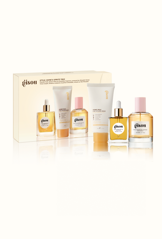 Gisou Style, Shine and Spritz Trio gift box with hair oil, styling cream and hair perfume