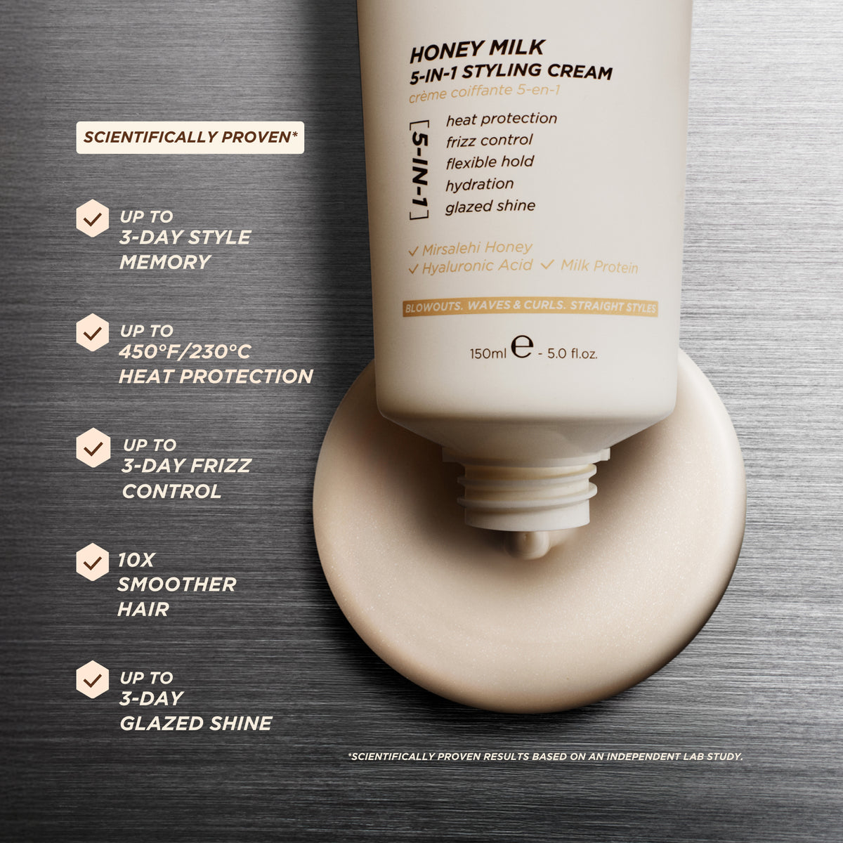 Honey Milk 5-in-1 Styling Cream showing up to 3-day style memory, 450°F/230°C heat protection, frizz control and 10x smoother hair.